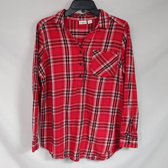 Cato Tops - Cato Women's Red Plaid Long-Sleeve Half Button Flannel Tunic Length Size M
